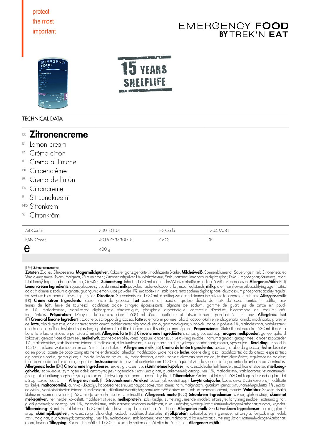 TR730101.01 Factsheet Lemon cream V210216 pdf <h3 data-start="0" data-end="76"><strong data-start="4" data-end="74">Trek’n Eat Emergency Food Lemon Cream – Lang houdbare citroencrème</strong></h3> <p data-start="78" data-end="399">De <strong data-start="81" data-end="122">Trek’n Eat Emergency Food Lemon Cream</strong> is een heerlijke en voedzame <strong data-start="152" data-end="168">citroencrème</strong> die ideaal is als <strong data-start="187" data-end="239">noodrantsoen, outdoormaaltijd of survivalvoedsel</strong>. Dit ingeblikte dessert heeft een <strong data-start="274" data-end="311">minimale houdbaarheid van 15 jaar</strong>, waardoor het perfect is voor <strong data-start="342" data-end="396">preppers, kampeerders, expedities en noodsituaties</strong>.</p> <p data-start="401" data-end="652">Het blik bevat <strong data-start="416" data-end="429">4 porties</strong> en is eenvoudig te bereiden: <strong data-start="459" data-end="561">meng de inhoud met kokend water, laat het even staan en geniet van een romige, frisse citroensmaak</strong>. Dankzij de <strong data-start="574" data-end="601">hersluitbare verpakking</strong> blijft de inhoud ook na opening langer houdbaar.</p> <p data-start="89" data-end="626"><strong>>> <a href="https://shop.app4sales.net/robijns/#" target="_blank" rel="noopener" data-bind="click: $root.onAttachmentClicked"><span data-bind="text: $data.Name">Factsheet Lemon cream V210216</span></a></strong></p>