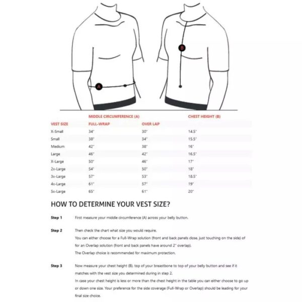 imgi 8 maattabel engarde Specificatie: <ul> <li>Ballistische bescherming: NIJ Level IIIA according to STD 0101.04* * SK1 certified according to TR03/2008</li> <li>Bescherming tegen naalden: VPAM KDIW 2004 (5 Joules)</li> <li>Bescherming tegen messen: HOSDB P1 knife (15 Joules < 20 mm)</li> <li>Fragmentatie bescherming: V50 – 9MM Luger DM41 516 m/s</li> <li>Materiaal ballistische panelen: DSM Dyneema® / Aramid</li> <li>Materiaal draaghoes: MicroFresh™</li> <li>Standaard gewicht: 5.4 kg/m2</li> <li>Dikte: 8 mm</li> <li>Kleur: zwart</li> <li>Accessiores: Luxe draagtas voor transport</li> <li>Garantie: 7 jaarMaatadvies:</li> </ul> Hierboven kunt u op de afbeelding klikken om uw maat te bepalen. Voor een comfortabele pasvorm van uw vest moet u in het algemeen de volgende richtlijnen volgen: Als u staat, moet de onderrand van uw vest uw navel bereiken en niet verder, anders kan dit uw vermogen om vrij te bewegen belemmeren. Als het hoger komt dan uw navel, kan het uw vitale organen niet goed beschermen. We raden aan dat de panelen aan de voor- en achterkant elkaar overlappen, maar we weten dat sommige mensen graag een kleine opening hebben. Indien u twijfelt over de juiste maat kunt u ons bellen of mailen voor advies. Tevens is het ook mogelijk een afspraak maken om langs te komen om te passen en voor het beste advies. Let op! Prijzen variëren per maat. Kogelwerende en steekwerende artikelen mogen uit veiligheidsoverwegingen niet geretourneerd worden.