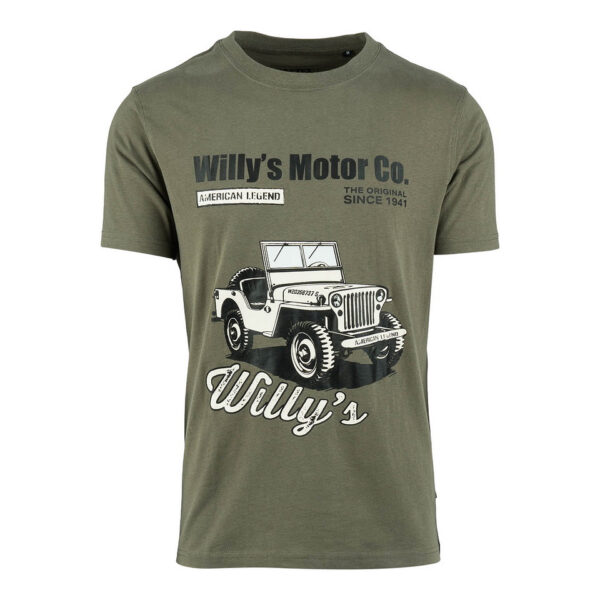 133654 11 01 Ontdek het T-shirt Willy's 1941 Legend, een premium T-shirt gemaakt van 100% BCI katoen met een luxe peach finish en een stevige kwaliteit van 170 g/m². Dit stijlvolle shirt, verkrijgbaar in een klassieke groene kleur, is voorzien van een opvallende print van een Willy Jeep op de voorkant. Perfect voor zowel casual als outdoor activiteiten, biedt dit T-shirt comfort en een tijdloze uitstraling.