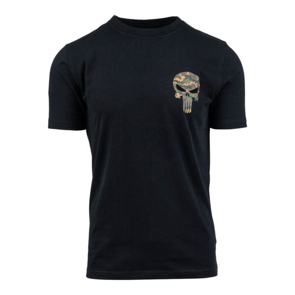 133661 13 01 Draag stijlvol en comfortabel met het T-shirt Punisher - No guts no glory. Dit T-shirt is vervaardigd uit 100% BCI katoen en biedt een zachte peach finish met een zware kwaliteit van 170 g/m². De opvallende Punisher camo print op de linkerborst en de krachtige tekst 'No guts no glory' op de achterkant maken dit shirt een echte eyecatcher. Verkrijgbaar in klassiek zwart, ideaal voor elke gelegenheid.