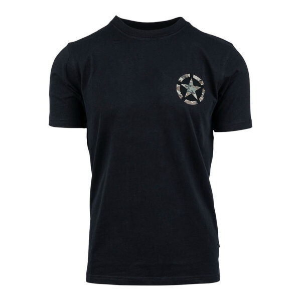 133662 13 01 <p>Het US Army Camo T-shirt is vervaardigd uit 100% BCI katoen en biedt een zachte peach finish voor optimaal comfort. Met een stevige kwaliteit van 170 g/m² is dit T-shirt perfect voor zowel dagelijks gebruik als outdoor activiteiten. De stijlvolle camouflageprint op de linkerborst en op de achterkant geeft een militaire uitstraling. Beschikbaar in de kleur zwart, is dit T-shirt een must-have voor liefhebbers van militaire en outdoor mode.</p>