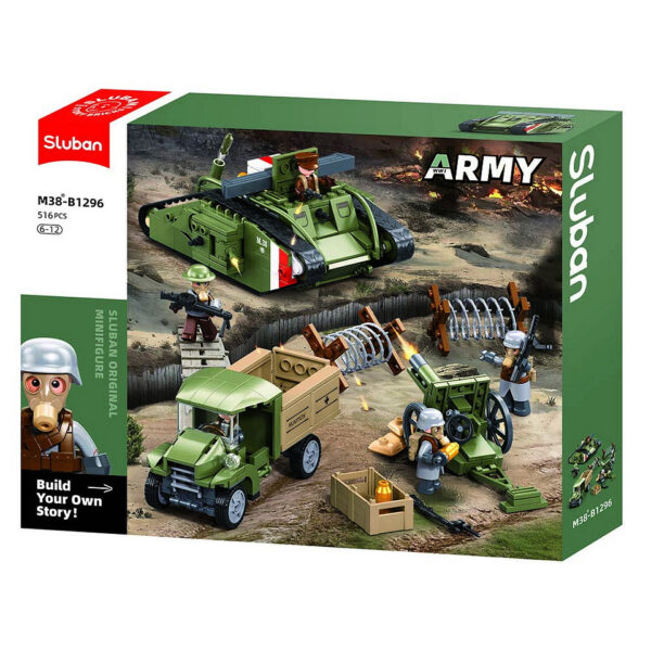 413361 99 04 <p>De Sluban Army aanvallende tank WWII - Mark Vs M38-B1296 is een indrukwekkende bouwset die bestaat uit 516 blokjes en 5 minifiguren. Dit model, geschikt voor kinderen vanaf 6 jaar, biedt een gemiddelde moeilijkheidsgraad en is perfect voor zowel beginnende als ervaren bouwers. Sluban is compatibel met andere grote bouwsteenmerken, waardoor je eindeloze mogelijkheden hebt om je creaties uit te breiden. Met afmetingen van 42,5 x 33 x 6,7 cm is deze set een must-have voor elke liefhebber van militaire bouwsets.</p>