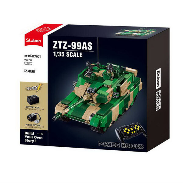 413364 99 06 De Sluban Army RC gevechts tank ZTZ-99AS M38-B7071 #17003 is een indrukwekkende bouwset met maar liefst 950 blokjes, perfect voor militaire fans en bouwliefhebbers vanaf 8 jaar. Deze set, die compatibel is met andere populaire bouwsteenmerken, biedt een gemiddelde moeilijkheidsgraad en zorgt voor urenlang speelplezier. De doos heeft afmetingen van 42,5 x 38 x 12,4 cm, ideaal voor het creëren van je eigen legeravonturen.
