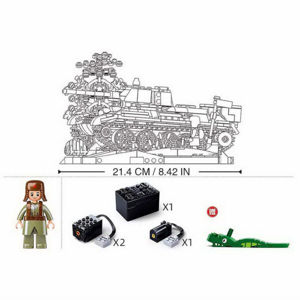 413365 99 03 Bouw je eigen Sluban Army RC gevechts tank T34/76 M38-B7072 met deze uitdagende set van 837 blokjes. Geschikt voor kinderen vanaf 8 jaar, biedt deze set een gemiddelde moeilijkheidsgraad en is volledig compatibel met andere populaire bouwsteenmerken. Met afmetingen van 42,5 x 38 x 12,4 cm is dit de perfecte toevoeging voor elke jonge militaire bouwer. Laat je creativiteit de vrije loop en beleef urenlang speelplezier met deze indrukwekkende tank!