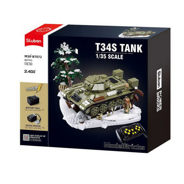 413365 99 05 Bouw je eigen Sluban Army RC gevechts tank T34/76 M38-B7072 met deze uitdagende set van 837 blokjes. Geschikt voor kinderen vanaf 8 jaar, biedt deze set een gemiddelde moeilijkheidsgraad en is volledig compatibel met andere populaire bouwsteenmerken. Met afmetingen van 42,5 x 38 x 12,4 cm is dit de perfecte toevoeging voor elke jonge militaire bouwer. Laat je creativiteit de vrije loop en beleef urenlang speelplezier met deze indrukwekkende tank!