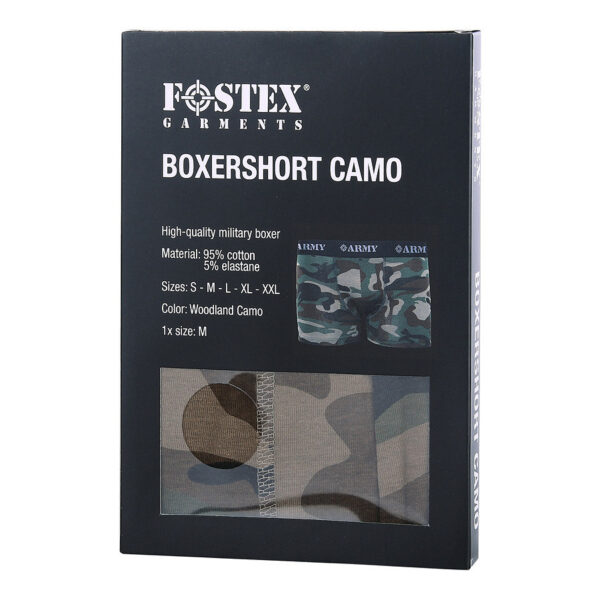 114280 51 04 <p>Ontdek de Fostex Army Boxershort in een trendy Woodland camouflagedesign. Deze premium boxershort biedt een perfecte pasvorm en is vervaardigd uit een comfortabele mix van 95% katoen en 5% elastaan. De zachte, elastische tailleband zorgt voor een optimaal draagcomfort, waardoor deze boxershort ideaal is voor dagelijks gebruik. Perfect om cadeau te geven of jezelf te verwennen!</p>