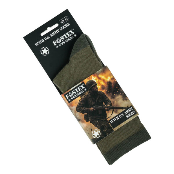 233197 11 03 <p>De US Army WWII Sokken zijn geïnspireerd op de Amerikaanse landmacht uit de Tweede Wereldoorlog en zijn voorzien van het iconische US Army-logo. Gemaakt van een comfortabel katoenrijk materiaal met versterkte tenen en hielen, bieden deze sokken zowel duurzaamheid als langdurig draagcomfort. Perfect voor fans van militaire geschiedenis en ideaal voor dagelijks gebruik. Verkrijgbaar in de kleur groen.</p>