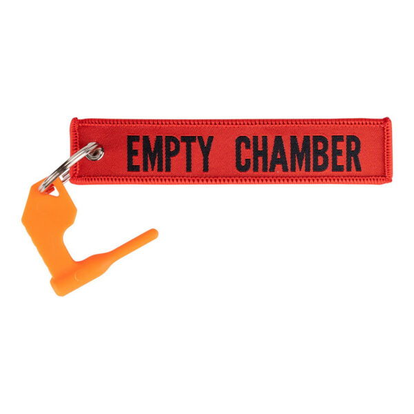 251314 21 01 De Rode Empty Chamber sleutelhanger is een opvallende en praktische accessoire die met een oranje veiligheidsplug wordt geleverd. Deze unieke sleutelhanger met de tekst "Empty Chamber" dient als duidelijke veiligheidsvlag en herinnert je eraan om de kamer te controleren voordat je gaat schieten. Naast zijn functionele toepassing is het ook een stoere toevoeging aan je sleutelbos of tas, perfect voor elke outdoor- of schietliefhebber.