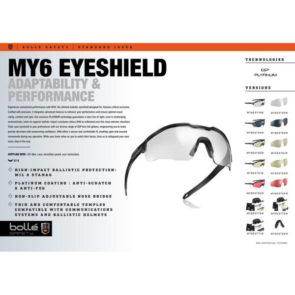 256563 99 02 <p>De Bollé MY6 bril kit clear/smoke (MY6EST71W) is de ideale keuze voor professionals die maximale bescherming en comfort vereisen. Deze set bevat twee brillen: één met kleurloze lenzen voor binnengebruik en één met smoke lenzen voor buitenactiviteit. Met een luchtdicht montuur en ballistische weerstand volgens STANAG 2920 biedt deze veiligheidsbril betrouwbare bescherming in extreme omstandigheden. Dankzij de Platinum-technologie verzekert de bril een stijlvolle pasvorm en helder zicht, perfect voor elke uitdaging.</p>
