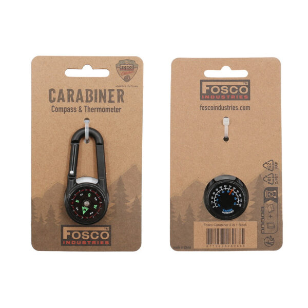 259175 13 03 1 <p>De Fosco Karabijnhaak 3-in-1 is een veelzijdig accessoire voor elke outdoorliefhebber. Deze praktische karabijnhaak is uitgerust met een thermometer en een kompas, waardoor hij perfect is voor wandelen, kamperen, bushcraft en survival. Dankzij het slimme ontwerp bevestig je de karabijnhaak eenvoudig aan je rugzak of riem, zodat je altijd toegang hebt tot deze handige tools tijdens je avonturen in de natuur.</p>