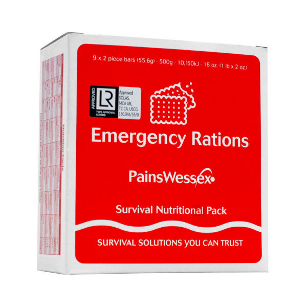 316200 99 01 Het Pains Wessex Survival Voedingspakket is een hoogwaardige voedselbox die voldoet aan de ISO 18813:2022-norm en is goedgekeurd door Lloyd's Register en de USCG. Met negen energierijke reepjes, vacuüm verpakt in waterdichte alu-folie, levert dit pakket gemiddeld 10.150 kJ aan energie en heeft het een houdbaarheid van vijf jaar. Dit veganistische, GMO-vrije rantsoen is ideaal voor noodsituaties en biedt een optimale balans tussen voedingswaarde en volume, perfect voor avonturiers en survivalisten.