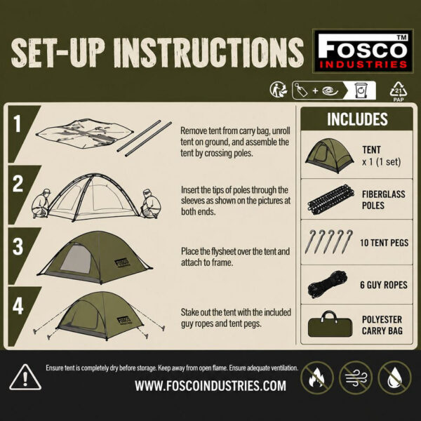 319525 11 319525 11 03 <p>De Fosco Scout tent is een compacte 2-laags koepeltent voor maximaal 2 personen, ideaal voor kamperen en outdooractiviteiten. Gemaakt van waterdicht 190T polyester met getapete naden en een stevig PE-grondzeil, biedt deze tent uitstekende bescherming tegen de elementen. Met een deur voorzien van een mesh raam voor ventilatie en compleet geleverd met fiberglas tentstokken, tentharingen en scheerlijnen, is deze tent eenvoudig op te zetten en perfect voor avontuurlijke reizigers.</p>