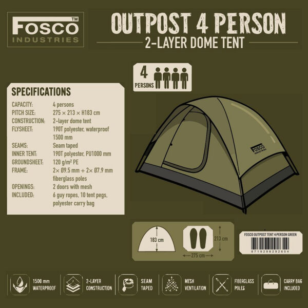 319526 11 319526 11 02 <p>De FOSCO Industries® Outpost tent is een ruime 2-laags koepeltent die plaats biedt aan maximaal 4 personen. Gemaakt van waterdicht 190T polyester met getapete naden en een stevig PE-grondzeil, biedt deze tent uitstekende bescherming tijdens jouw outdoor avonturen. Voor optimale ventilatie zijn er 2 deuren met mesh en de tent wordt geleverd met fiberglas stokken, tentharingen, scheerlijnen en een handige draagtas. Met afmetingen van 275 x 213 x 183 cm is deze tent perfect voor je volgende kampeertrip.</p>
