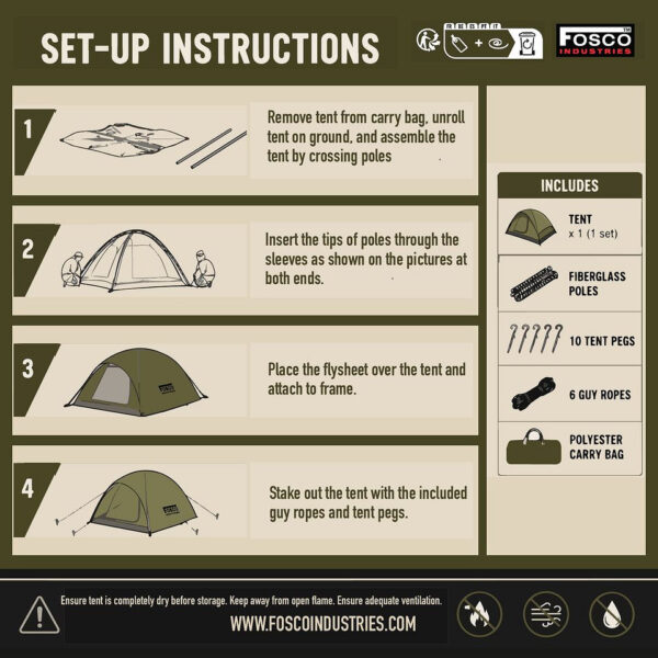 319526 11 319526 11 03 <p>De FOSCO Industries® Outpost tent is een ruime 2-laags koepeltent die plaats biedt aan maximaal 4 personen. Gemaakt van waterdicht 190T polyester met getapete naden en een stevig PE-grondzeil, biedt deze tent uitstekende bescherming tijdens jouw outdoor avonturen. Voor optimale ventilatie zijn er 2 deuren met mesh en de tent wordt geleverd met fiberglas stokken, tentharingen, scheerlijnen en een handige draagtas. Met afmetingen van 275 x 213 x 183 cm is deze tent perfect voor je volgende kampeertrip.</p>