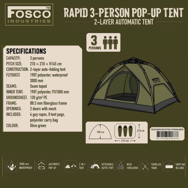 319527 11 319527 11 03 <p>De FOSCO Industries® Rapid 3-Person Pop-Up Tent is een ruime en praktische tent voor maximaal drie personen. Dankzij het automatische vouwsysteem zet je de tent snel op, ideaal voor kampeer- en outdooractiviteiten. De waterdichte buitentent van 190T polyester met getapete naden en een stevig PE-grondzeil biedt uitstekende bescherming. Met twee ventilatiedeuren van mesh, een fiberglas frame en een complete set met tentharingen en scheerlijnen is deze tent perfect voor elk avontuur in de natuur.</p>