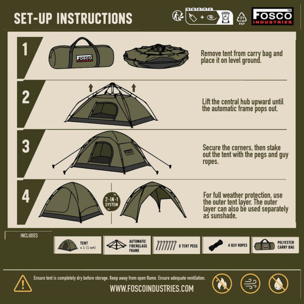 319527 11 319527 11 04 <p>De FOSCO Industries® Rapid 3-Person Pop-Up Tent is een ruime en praktische tent voor maximaal drie personen. Dankzij het automatische vouwsysteem zet je de tent snel op, ideaal voor kampeer- en outdooractiviteiten. De waterdichte buitentent van 190T polyester met getapete naden en een stevig PE-grondzeil biedt uitstekende bescherming. Met twee ventilatiedeuren van mesh, een fiberglas frame en een complete set met tentharingen en scheerlijnen is deze tent perfect voor elk avontuur in de natuur.</p>