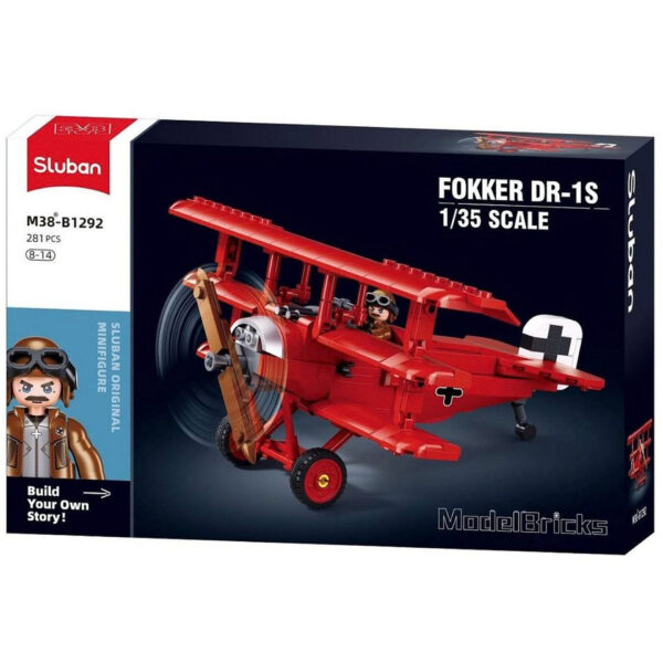 413384 99 413384 99 04 <p>Bouw je eigen Sluban Fokker DR-1S M38-B1292 #16197 en breng een stukje geschiedenis tot leven met deze gedetailleerde bouwset. Dit model van de beroemde Duitse driedekker uit de Eerste Wereldoorlog is uitgevoerd op schaal 1:35 en bevat 281 blokjes en 1 minifiguur. Met de kenmerkende drie vleugels en het iconische rode kleurenschema is dit een uitdagend en leuk project voor kinderen van 8 tot 14 jaar. Bovendien zijn de bouwstenen compatibel met andere merken, waardoor je eindeloos kunt combineren.</p>
