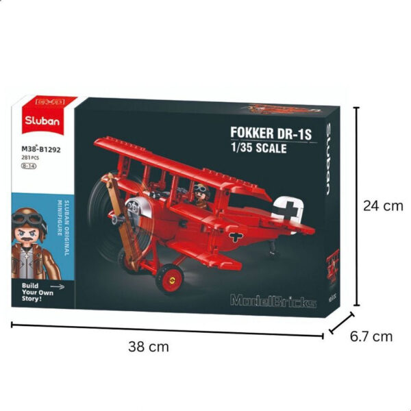 413384 99 413384 99 05 <p>Bouw je eigen Sluban Fokker DR-1S M38-B1292 #16197 en breng een stukje geschiedenis tot leven met deze gedetailleerde bouwset. Dit model van de beroemde Duitse driedekker uit de Eerste Wereldoorlog is uitgevoerd op schaal 1:35 en bevat 281 blokjes en 1 minifiguur. Met de kenmerkende drie vleugels en het iconische rode kleurenschema is dit een uitdagend en leuk project voor kinderen van 8 tot 14 jaar. Bovendien zijn de bouwstenen compatibel met andere merken, waardoor je eindeloos kunt combineren.</p>