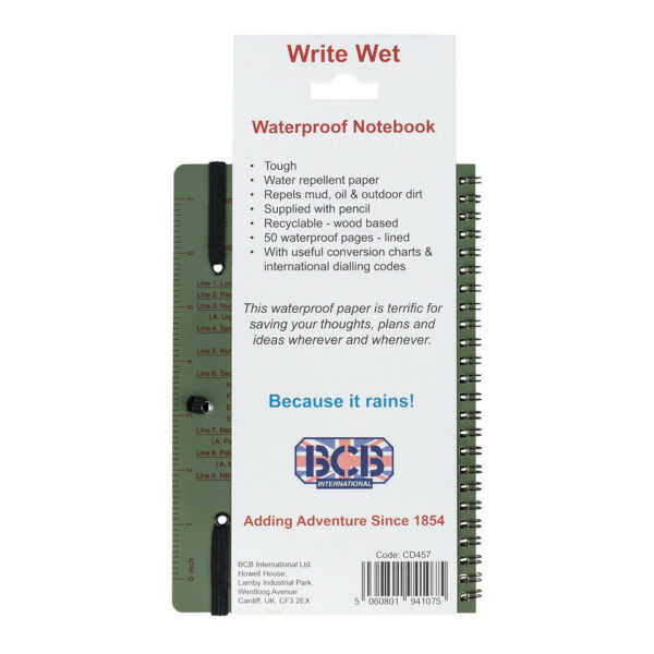 419234 99 08 <p>Het BCB Waterproof notitieblok CD457 is de perfecte metgezel voor avonturiers die altijd hun gedachten en ideeën willen vastleggen, ongeacht de weersomstandigheden. Dit waterafstotende notitieboek is gemaakt van milieuvriendelijk synthetisch papier en biedt een spiraalbinding voor eenvoudig gebruik. Het wordt geleverd met een potlood en bevat handige meetinstrumenten, zoals een inch- en centimeterliniaal. Met een elastische band om het notitieboek veilig gesloten te houden en een binnenband voor uw schrijfaccessoires, is dit notitieblok ideaal voor elke outdoor ervaring.</p>