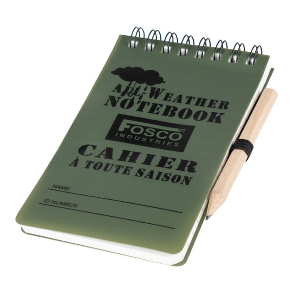 419242 11 02 <p>Het Notitieblok All Weather klein met potlood is de ideale oplossing voor iedereen die aantekeningen wil maken onder uitdagende omstandigheden. Dit compact formaat van 130 mm bij 75 mm bevat watervast papier, waardoor je ook in de regen of vochtige omgevingen probleemloos kunt schrijven. Het wordt geleverd met een handig potlood, zodat je altijd klaar bent om je ideeën, observaties of belangrijke informatie vast te leggen. Perfect voor outdoor activiteiten, avonturen en gebruik in de natuur.</p>