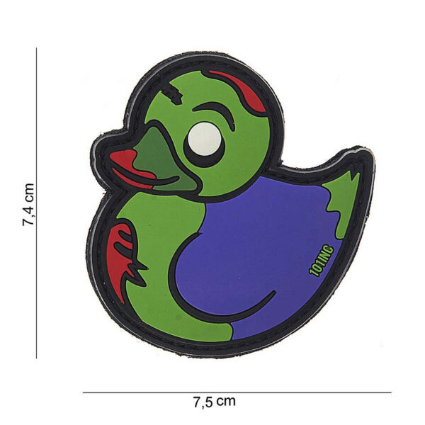 444130 3855 99 01 <p>Voeg een unieke touch toe aan je uitrusting met het 3D PVC Embleem Zombie Duck in groen/paars (#10052). Dit opvallende embleem is voorzien van een stevige klittenband aan de achterzijde, waardoor je het eenvoudig kunt bevestigen op jassen, rugzakken of andere uitrusting. Perfect voor de outdoor liefhebber of als opvallende toevoeging aan je militaire gear. Maak een statement met dit bijzondere ontwerp!</p>