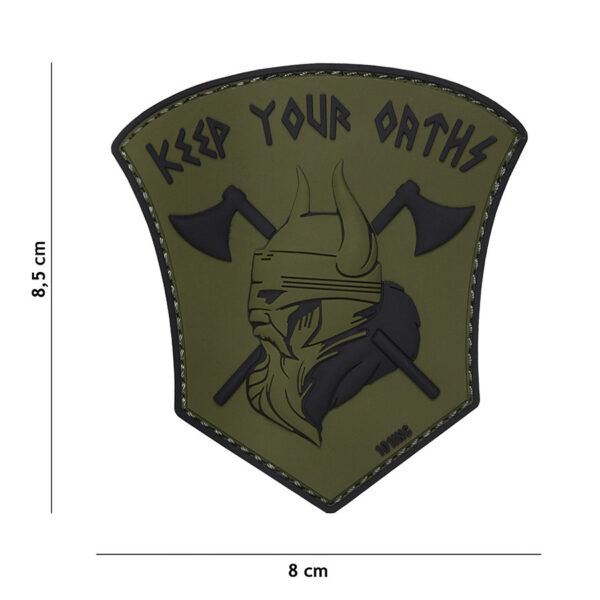 444130 5118 99 01 <p>Het Embleem 3D PVC 'Keep your oaths' in de kleur groen (#19004) is een robuust en opvallend accessoire voor elke outdoor- of militaire outfit. Dit hoogwaardige embleem is vervaardigd uit duurzaam PVC en voorzien van een praktische klittenband achterzijde, waardoor het eenvoudig op kleding, rugzakken of andere uitrusting te bevestigen is. Geef je stijl een krachtige uitstraling en laat je toewijding zien met dit unieke embleem.</p>