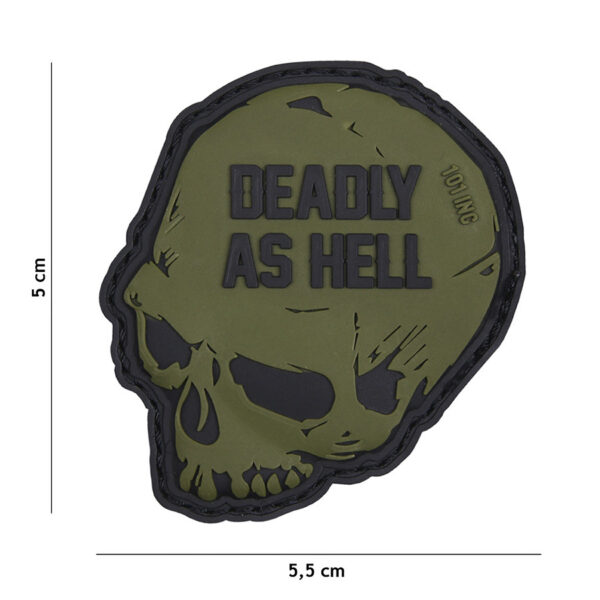 444130 5132 99 01 <p>Het 3D PVC embleem 'Deadly as hell' in de kleur groen is een must-have voor elke outdoor en militaire liefhebber. Met zijn duurzame klittenband aan de achterzijde bevestig je het embleem eenvoudig aan jassen, rugzakken of andere uitrusting. Dit opvallende embleem voegt niet alleen een unieke stijl toe aan je gear, maar laat ook zien dat je klaar bent voor avontuur. Maak je uitrusting compleet met dit opvallende en kwalitatieve embleem.</p>