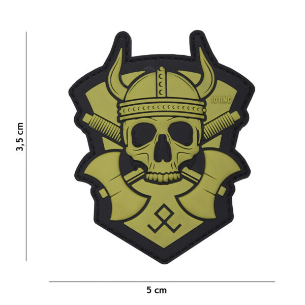 444130 5207 99 01 <p>Til je outfit naar een hoger niveau met het 3D PVC Viking embleem met bijl in groen (#16051). Dit stoere embleem is vervaardigd van hoogwaardig PVC en voorzien van een praktische klittenband achterzijde, waardoor je het eenvoudig kunt bevestigen op kleding of uitrusting. Perfect voor outdoor avonturen of als onderdeel van je militaire gear. Geef je stijl een krachtige uitstraling met dit unieke embleem!</p>