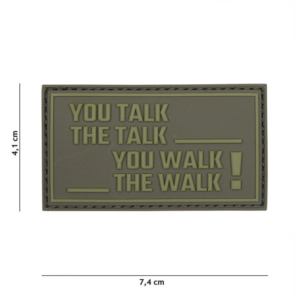 444130 5245 99 01 <p>Het Embleem 3D PVC 'You talk, the talk' in groene kleur is een uniek accessoire voor iedere militaire of outdoor uitrusting. Dit duurzame embleem is vervaardigd uit hoogwaardig PVC en voorzien van een klittenband aan de achterzijde, waardoor het eenvoudig op te bevestigen is op kleding, tassen of andere uitrusting. Met zijn opvallende ontwerp voegt dit embleem een stoere uitstraling toe aan je gear en laat je persoonlijke stijl zien. Perfect voor zowel gebruik in het veld als voor casual dagelijkse outfits.</p>