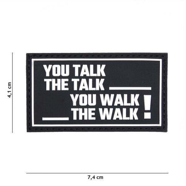 444130 5247 99 01 <p>Het 3D PVC Embleem 'You talk, the talk' in zwart (#18022) is een stoer en opvallend accessoire voor elke militaire of outdoor outfit. Dit hoogwaardige embleem is vervaardigd uit duurzaam PVC en beschikt over een praktische klittenband achterzijde, waardoor het eenvoudig te bevestigen is op kleding of uitrusting. Voeg een extra dimensie toe aan je look met dit unieke embleem dat perfect is voor zowel dagelijks gebruik als avontuurlijke activiteiten.</p>