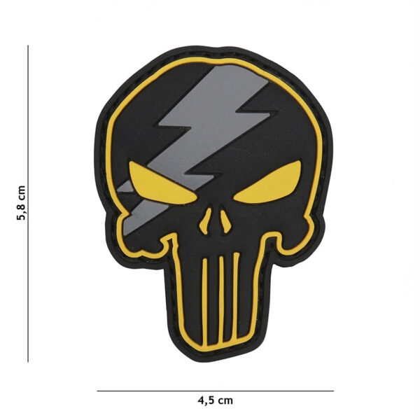 444130 5306 99 01 <p>Voeg een stoere uitstraling toe aan je outfit met het Embleem 3D PVC Punisher thunder in geel (#9006). Dit hoogwaardige embleem is vervaardigd uit duurzaam PVC en voorzien van klittenband aan de achterzijde, waardoor je het eenvoudig kunt bevestigen op verschillende stoffen. Perfect voor op je tas, kleding of uitrusting, dit embleem is een must-have voor elke militaire of outdoor liefhebber die zijn persoonlijke stijl wil benadrukken.</p>