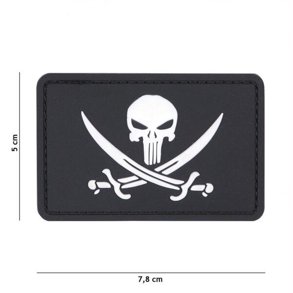 444130 5319 99 01 <p>Het 3D PVC Punisher pirate embleem in zwart (#11125) is een unieke toevoeging aan je uitrusting. Dit embleem is vervaardigd van duurzaam PVC en beschikt over een handige klittenband aan de achterzijde, waardoor het eenvoudig te bevestigen is op kleding of uitrusting. Geef je outfit een stoere uitstraling met dit opvallende embleem, perfect voor zowel outdoor avonturen als militaire toepassingen.</p>