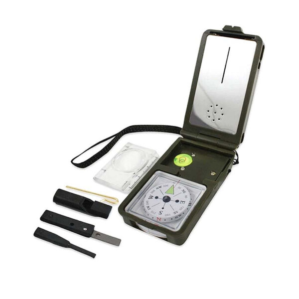 453225 11 01 Ontdek de veelzijdigheid van de Outdoor tool multi functioneel 10 in 1. Deze handige gadget is uitgerust met een thermometer, hygrometer, LED verlichting, reflector, waterpas, kompas, fluit, vuursteen, vergrootglas en een liniaal. Perfect voor avontuurlijke buitenactiviteiten, kamperen of het verkennen van de natuur. Met zijn groene kleur is deze tool niet alleen praktisch, maar ook stijlvol. Een onmisbare metgezel voor iedere outdoorliefhebber!