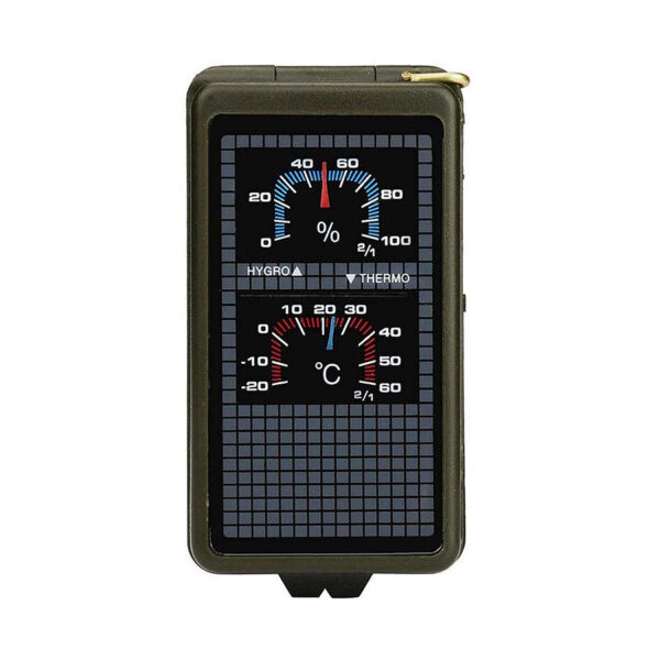 453225 11 05 Ontdek de veelzijdigheid van de Outdoor tool multi functioneel 10 in 1. Deze handige gadget is uitgerust met een thermometer, hygrometer, LED verlichting, reflector, waterpas, kompas, fluit, vuursteen, vergrootglas en een liniaal. Perfect voor avontuurlijke buitenactiviteiten, kamperen of het verkennen van de natuur. Met zijn groene kleur is deze tool niet alleen praktisch, maar ook stijlvol. Een onmisbare metgezel voor iedere outdoorliefhebber!