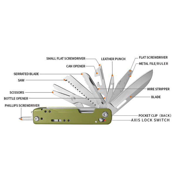 453227 16 453227 16 02 De TF-2215 Multitool mes 13 in 1 van Task Force 2215 is de ideale metgezel voor elke outdoorliefhebber en avonturier. Dit compacte en veelzijdige multitool biedt maar liefst 13 functies in één handig ontwerp, perfect voor dagelijks gebruik. Gemaakt van hoogwaardig 440 en 420 roestvrij staal, garandeert deze multitool duurzaamheid en betrouwbaarheid. Met afmetingen van 9.2 x 2.1 x 2.4 cm past hij gemakkelijk in je tas of broekzak en is hij altijd binnen handbereik voor al je klussen.
