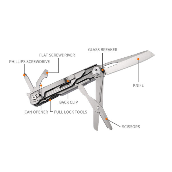453228 16 453228 99 03 De TF-2215 Multitool mes 7-in-1 is een veelzijdig en compact gereedschap dat altijd binnen handbereik is. Met functies zoals een mes, schaar, verschillende schroevendraaiers, blikopener, pocket clip en glasbreker, is deze multitool perfect voor dagelijks gebruik en onverwachte situaties. Gemaakt van hoogwaardig roestvrij staal, biedt deze multitool duurzaamheid en functionaliteit in één. Met een gewicht van slechts 129 gram en afmetingen van 11.2 x 2 x 2.5 cm is hij gemakkelijk mee te nemen.
