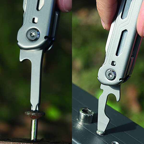 453228 16 453228 99 08 De TF-2215 Multitool mes 7-in-1 is een veelzijdig en compact gereedschap dat altijd binnen handbereik is. Met functies zoals een mes, schaar, verschillende schroevendraaiers, blikopener, pocket clip en glasbreker, is deze multitool perfect voor dagelijks gebruik en onverwachte situaties. Gemaakt van hoogwaardig roestvrij staal, biedt deze multitool duurzaamheid en functionaliteit in één. Met een gewicht van slechts 129 gram en afmetingen van 11.2 x 2 x 2.5 cm is hij gemakkelijk mee te nemen.