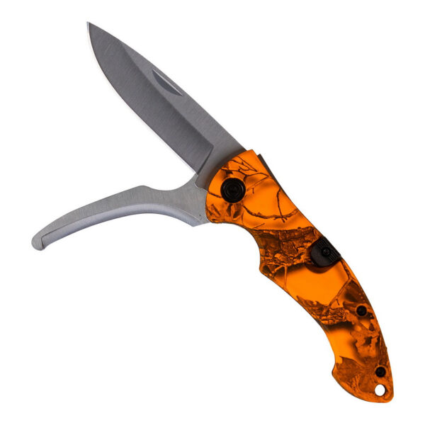 455414 20 03 Ontdek het Survival Mes Camo Oranje, een veelzijdig mes met twee afzonderlijke lemmetten en een veiligheidsvergrendeling. Het bovenste lemmet is ideaal voor algemeen snijwerk, terwijl het onderste lemmet met guthook perfect is voor het openen van wild en het veilig doorsnijden van riemen in noodsituaties. Met een totale lengte van 19 cm en een opvallende oranje handgreep, is dit mes niet alleen functioneel maar ook goed zichtbaar in de natuur.