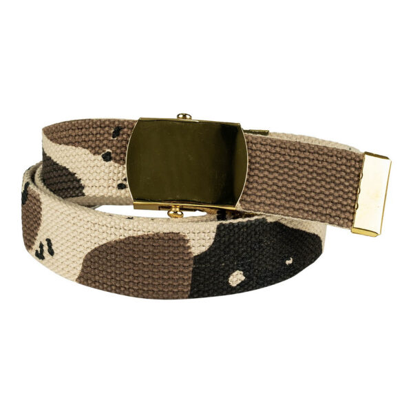 241258 54 01 De Tropenkoppel met gouden gesp in het iconische 6 color desert camouflagepatroon biedt een authentieke militaire uitstraling. Dit stoere ontwerp, ook wel bekend als "Chocolate Chip", is perfect voor gebruik in woestijnachtige omgevingen. Gemaakt van 100% katoen/canvas en met een breedte van 30 mm en een lengte van 130 cm, is deze riem niet alleen stijlvol maar ook functioneel. Een must-have voor elke outdoor-liefhebber en militaire enthousiasteling.