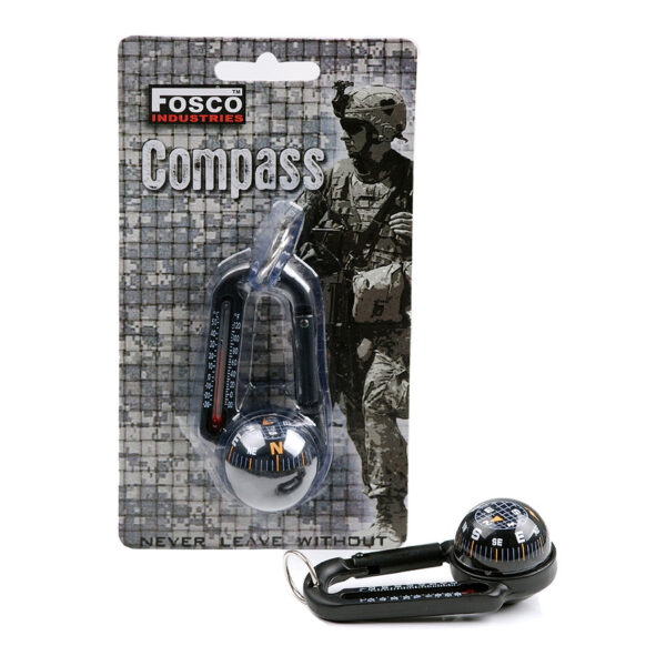 259125 13 01 De Karabijnhaak met kompas en thermometer is de perfecte gadget voor outdoorliefhebbers. Gemaakt van duurzaam kunststof, biedt deze handige karabijnhaak niet alleen een stevige bevestiging voor uw sleutelbos of rugzak, maar ook een geïntegreerd bolkompas en thermometer. Ideaal voor avontuurlijke wandelingen en kampeertrips, zodat u altijd de juiste richting en temperatuur in de gaten kunt houden. Verkrijgbaar in de stijlvolle kleur zwart.