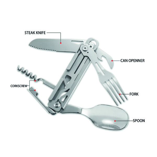 311002 16 311002 99 02 De Camping Tool 6-in-1 is de ideale metgezel voor elke outdoorliefhebber. Met zes essentiële functies in één compact ontwerp, waaronder een mes, lepel, vork, flesopener, blikopener en kurkentrekker, heb je altijd het juiste gereedschap bij de hand. Gemaakt van duurzaam 420 roestvrij staal en met een ingeklapte lengte van slechts 11 cm, is deze tool perfect voor op reis, kamperen of een dagje uit in de natuur.