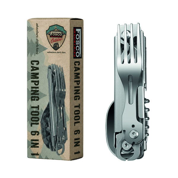 311002 16 311002 99 04 De Camping Tool 6-in-1 is de ideale metgezel voor elke outdoorliefhebber. Met zes essentiële functies in één compact ontwerp, waaronder een mes, lepel, vork, flesopener, blikopener en kurkentrekker, heb je altijd het juiste gereedschap bij de hand. Gemaakt van duurzaam 420 roestvrij staal en met een ingeklapte lengte van slechts 11 cm, is deze tool perfect voor op reis, kamperen of een dagje uit in de natuur.