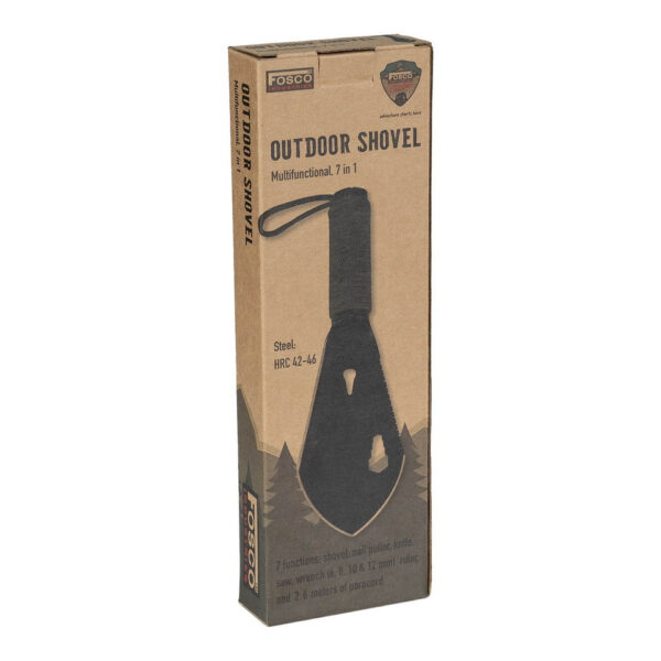 319628 13 06 Ontdek de multifunctionele Outdoor schep 7 in 1, de perfecte metgezel voor jouw avonturen in de natuur. Deze compacte schep biedt meer dan zeven functies, waaronder een mes, spijkertrekker, schep, zaag, moersleutel en liniaal. Gemaakt van hoogwaardig roestvrij staal, is deze schep niet alleen duurzaam maar ook lichtgewicht met een gewicht van slechts 198 gram. Voor extra gebruiksgemak is er een 2 meter lang paracord bevestigd aan het handvat, ideaal voor noodsituaties. Inclusief praktische polsband en nylon tasje, gemaakt voor de echte avonturier.