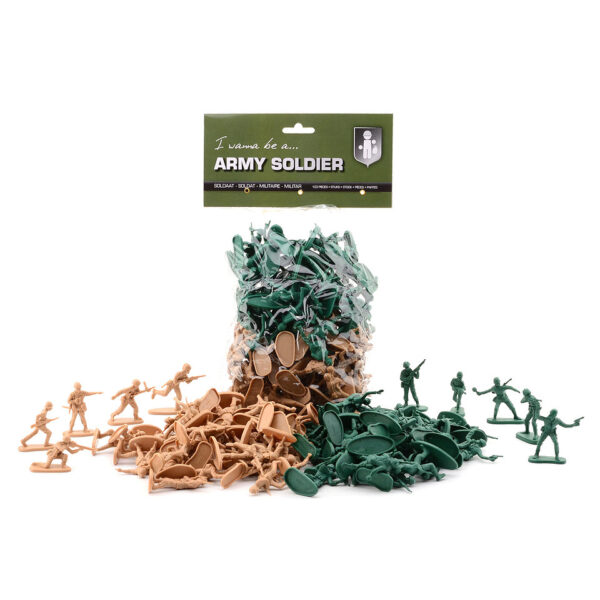 412222 99 01 Ontdek de Zak Soldaatjes Groot, gevuld met 100 hoogwaardige plastic soldaatjes in twee kleuren: 50 groene en 50 zandkleurige. Deze veelzijdige figuren zijn perfect voor spelletjes, verzamelingen of als decoratie. Met een stevige samenstelling van 100% plastic zijn ze ontworpen voor langdurig gebruik. Laat je creativiteit de vrije loop en beleef eindeloos speelplezier met deze soldaatjes!