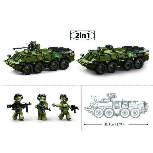 413355 99 04 <p>De Sluban Tank BTR-80AS IFV MB38-B1251 #16081 is een uitdagende bouwset met 619 hoogwaardige blokjes en 4 minifiguren, ideaal voor kinderen vanaf 8 jaar. Deze set biedt eindeloze bouwmogelijkheden en is volledig compatibel met andere grote bouwsteenmerken. Met afmetingen van 47,4 x 33 x 6,7 cm is het een perfect cadeau voor jonge bouwliefhebbers en militaire enthousiastelingen.</p>