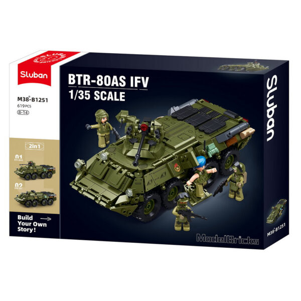 413355 99 05 <p>De Sluban Tank BTR-80AS IFV MB38-B1251 #16081 is een uitdagende bouwset met 619 hoogwaardige blokjes en 4 minifiguren, ideaal voor kinderen vanaf 8 jaar. Deze set biedt eindeloze bouwmogelijkheden en is volledig compatibel met andere grote bouwsteenmerken. Met afmetingen van 47,4 x 33 x 6,7 cm is het een perfect cadeau voor jonge bouwliefhebbers en militaire enthousiastelingen.</p>