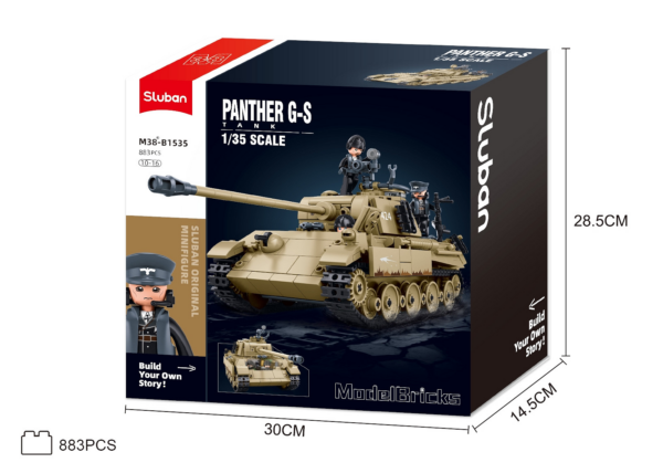 413372 99 08 <p>Bouw jouw eigen Sluban Panther G Tank op schaal 1:35 met deze gedetailleerde bouwset. Deze Duitse middelzware tank uit de Tweede Wereldoorlog bestaat uit 883 bouwstenen en biedt urenlang plezier voor zowel jong als oud (vanaf 10 jaar). De set is compatibel met andere grote bouwsteenmerken, waardoor je eindeloze combinatiemogelijkheden hebt. Perfect voor verzamelaars van historische militaire voertuigen!</p>