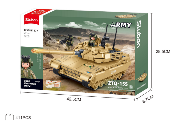 413374 99 09 <p>Ontdek de Sluban Army Type 15 Lichte Tank bouwset in schaal 1:45 (M38-B1577 #16106). Deze indrukwekkende set bestaat uit 411 bouwstenen en is perfect voor liefhebbers van militaire modellen. De bouwstenen zijn compatibel met andere grote merken, waardoor je jouw creaties kunt uitbreiden. Geschikt voor kinderen vanaf 8 jaar en ideaal om aan je verzameling toe te voegen. De afmetingen van de doos zijn 42,5 x 28,5 x 6,7 cm.</p>