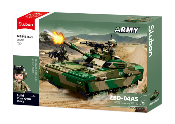 413376 99 08 <p>Bouw het indrukwekkende ZBD-04AS infanteriegevechtsvoertuig met de Sluban Army set M38-B1592. Deze bouwset bevat 385 hoogwaardige bouwstenen en is schaal 1:44, perfect voor verzamelaars van militaire modellen. De stenen zijn compatibel met andere bekende merken, waardoor je eindeloze bouwmogelijkheden hebt. Geschikt voor kinderen vanaf 8 jaar, deze set biedt een uitdagend en leuk project voor iedere militaire modelbouwer.</p>