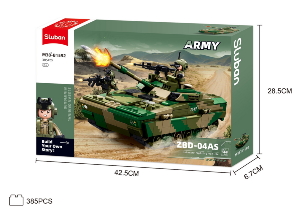 413376 99 09 <p>Bouw het indrukwekkende ZBD-04AS infanteriegevechtsvoertuig met de Sluban Army set M38-B1592. Deze bouwset bevat 385 hoogwaardige bouwstenen en is schaal 1:44, perfect voor verzamelaars van militaire modellen. De stenen zijn compatibel met andere bekende merken, waardoor je eindeloze bouwmogelijkheden hebt. Geschikt voor kinderen vanaf 8 jaar, deze set biedt een uitdagend en leuk project voor iedere militaire modelbouwer.</p>